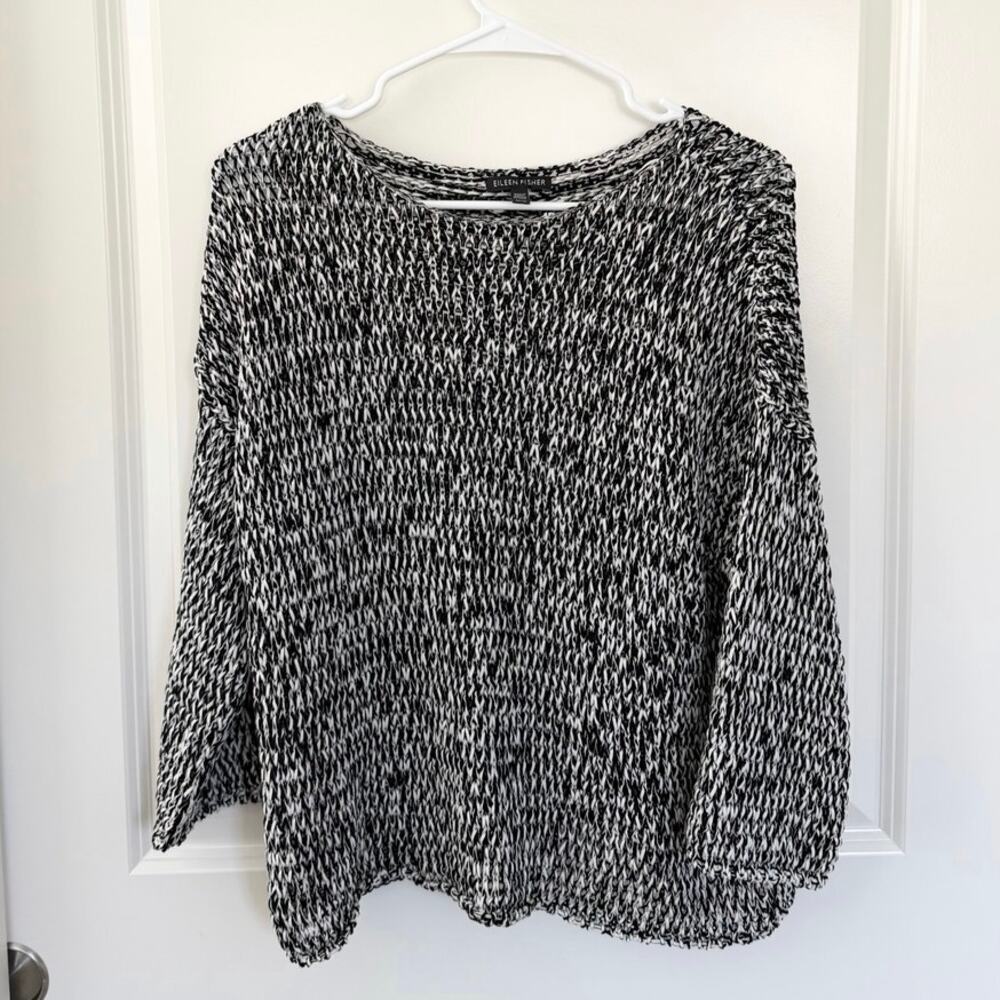 Eileen Fisher Marled Tape Yarn Pullover Sweater Black White Medium